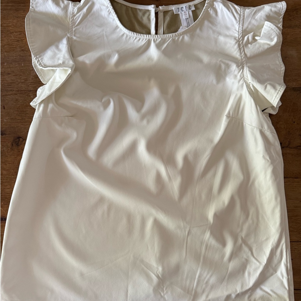 TCEC Cream Ruffled Cap Sleeve Leather Blouse